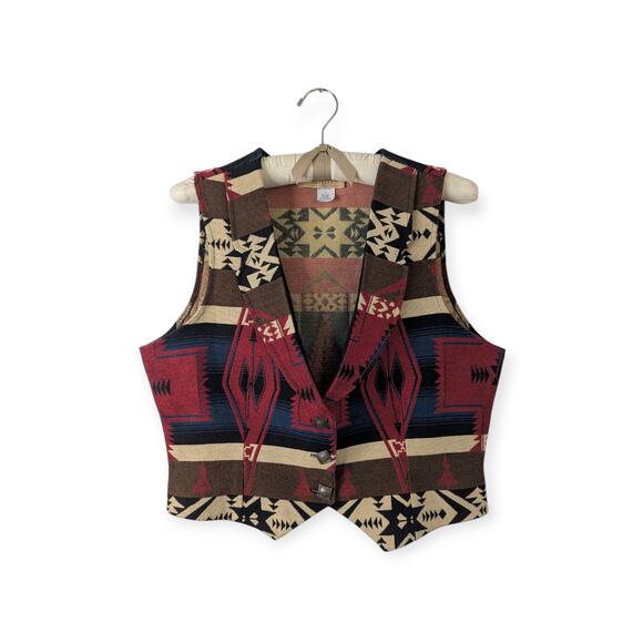 Vintage Frontier Western Aztec Geometric Tapestry Boho Button Vests Size Large - Picture 1 of 6